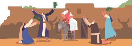 Illustration for Palm Sunday Biblical Scene, Triumphal Entry Of Jesus Character Into Jerusalem On The Back Of A Donkey, Greeted With Palm Branches And Praise By The Crowd of People. Cartoon Vector Illustration - Royalty Free Image