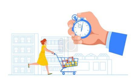 Illustration for Woman Rushes With Shopping Cart In Supermarket, Trying To Make Most Of Limited Time Sale. She Grabs Various Products And Rushes To Checkout, Hoping To Save Money And Time. Cartoon Vector Illustration - Royalty Free Image