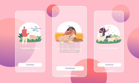 Illustration for Livestock Sheep Mobile App Page Onboard Screen Template. Farmers Work On Smart Livestock, Cleaning, Feeding, Grazing Animals On Farm, Husbandry Farming Concept. Cartoon People Vector Illustration - Royalty Free Image