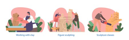 Illustration for Sculptors Create Artworks Working with Clay, Sculpting Figures By Shaping Stone, Wood, Or Clay, during Workshop Educational Classes or Professional Studio Process. Cartoon People Vector Illustration - Royalty Free Image