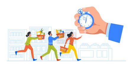 Illustration for Customer Character Rushing Through A Busy Supermarket During A Limited Time Sale Event, Trying To Grab The Best Deals And Bargains Before Time Runs Out. Cartoon People Vector Illustration - Royalty Free Image