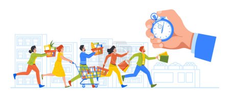 Illustration for Crowd Of Shoppers Racing Through A Supermarket In A Frenzy To Grab The Best Deals And Discounts During The Limited-time Sale Event. Hand Clutching Stopwatches. Cartoon People Vector Illustration - Royalty Free Image