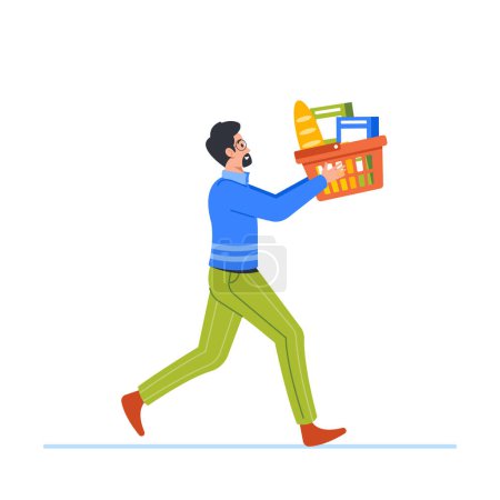 Illustration for Man Runs With Shopping Cart Full Of Groceries, In A Rush To Reach His Destination. Concept of Last Minute Sale, Limited Time Discount Promotion. Cartoon People Vector Illustration - Royalty Free Image