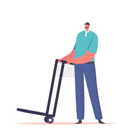 Illustration for Worker Male Character Using Manual Trolley For Transportation, Pushing Or Pulling Heavy Loads In Factories, Warehouses, Making Physical Labor Easier And Efficient. Cartoon People Vector Illustration - Royalty Free Image
