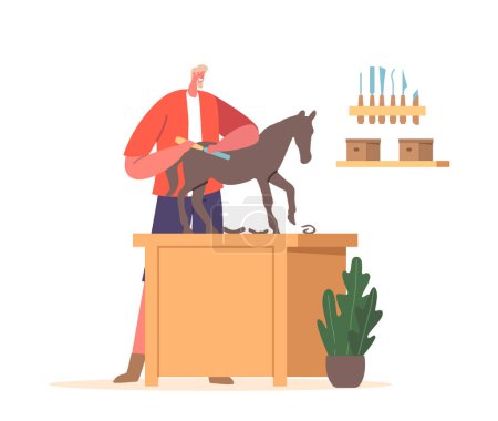 Téléchargez les illustrations : Sculpteur personnage masculin sculpte cheval en bois à l'aide d'un ciseau. Il façonne soigneusement le bois, créant une forme réaliste et complexe sur son lieu de travail de table. Illustration vectorielle des personnages de bande dessinée - en licence libre de droit