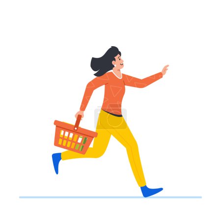Illustration for Woman Swiftly Run With Shopping Cart In A Rush To Complete Her Errands And Return Home Balancing Efficiency With Care. Female Character in Last Minute Shopping Sale. Cartoon People Vector Illustration - Royalty Free Image