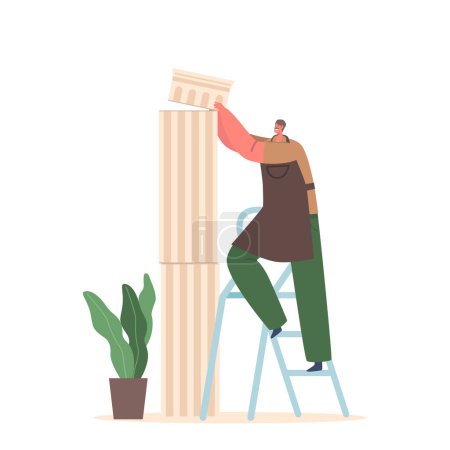 Illustration for Sculptor Male Character Set Up Marble Block Into Whole Pillar Standing On Ladder. Man Create Stone Column Using Various Tools And Techniques in his Art Studio. Cartoon People Vector Illustration - Royalty Free Image
