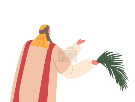 Téléchargez les illustrations : L'homme israélite antique tenant la feuille de palmier, symbole de paix et de victoire, célèbre l'entrée de Jésus dans Jérusalem isolée sur fond blanc. Illustration vectorielle des personnages de bande dessinée - en licence libre de droit