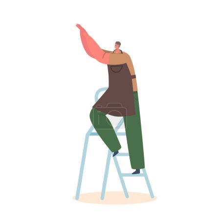 Illustration for Man Character In Apron Standing On Ladder, Working Diligently. He Is Focused And Appears To Be Doing A Skilled Job With Precision Isolated on White Background. Cartoon People Vector Illustration - Royalty Free Image