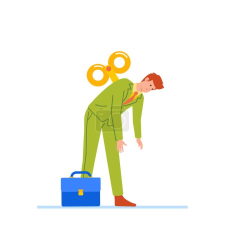 Illustration for Broken Clockwork Toy Business Employee Male Character Experience Burnout Due To The High Pressure Leading To Fatigue, Low Motivation, And Decreased Productivity. Cartoon People Vector Illustration - Royalty Free Image