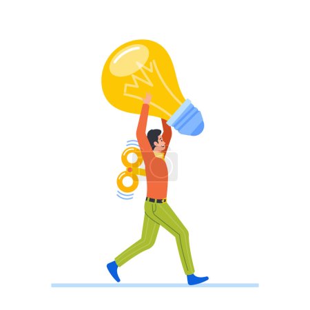 Illustration for Clockwork Toy Business Employee Carrying Huge Light Bulb, Symbolizing Innovation, Creativity, And Imagination. Worker Character Providing Company Innovative Ideas. Cartoon People Vector Illustration - Royalty Free Image