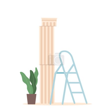 Illustration for Unfinished Marble Pillar in Studio with Ladder. Stone Column with Rough Surface, and Decorative Carvings. Abandoned Work In Progress, Lacking Any Purpose Or Functionality. Cartoon Vector Illustration - Royalty Free Image