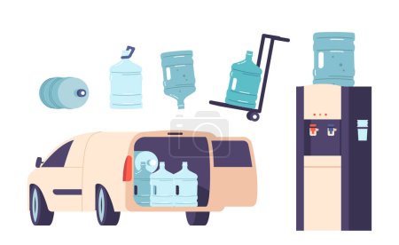 Illustration for Set of Water Delivery Service Equipment and Items. Car With Plastic Bottles, Gallon on Manual Trolley and Water Cooler or Dispenser Isolated Elements on White Background. Cartoon Vector Illustration - Royalty Free Image