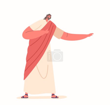 Illustration for Jesus Christ With Gesturing Arms Teaching Sermon as Symbol Of Welcoming And Love. Powerful Religious Representation Of Christianity Promoting Message Of Kindness. Cartoon People Vector Illustration - Royalty Free Image