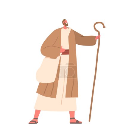 Illustration for Ancient Wanderer With Staff. Male Character Armed With A Trusty Staff As A Symbol Of Guidance And Resilience In Their Journey Of Exploration And Discovery. Cartoon People Vector Illustration - Royalty Free Image