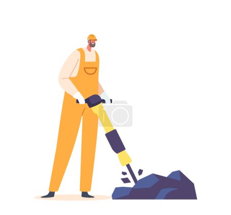 Illustration for Miner Character Wielding A Jackhammer, Breaking Up Rocks In The Mine Shaft, Creating A Path For Extraction Equipment And Explosives To Be Placed. Cartoon People Vector Illustration - Royalty Free Image