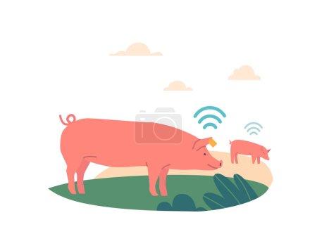 Téléchargez les illustrations : Farming and Livestock Innovations Concept. Porcs pâturage sur prairie avec GPS Tracker. Technologie, modèles de pâturage efficaces et gestion efficace des troupeaux. Illustration vectorielle des personnages de bande dessinée - en licence libre de droit