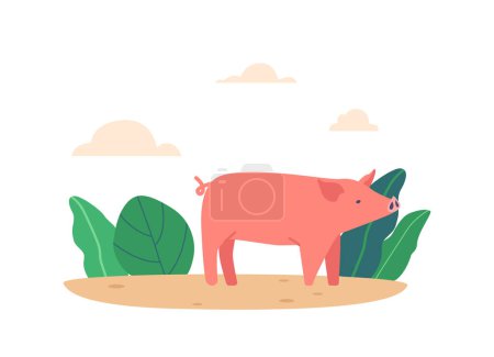 Illustration for Pink Pig Runs Through Summer Field, Snorting And Enjoying Its Freedom, Surrounded By Green Plants And Cloudy Sky. Cartoon Vector Illustration - Royalty Free Image