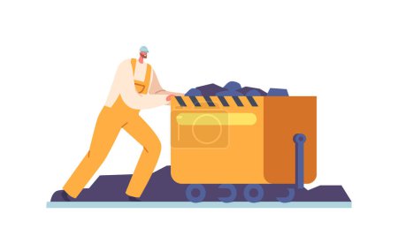 Illustration for Miner Character With Trolley, Worker Pushing Wheeled Cart Filled With Coal Minerals, Used To Transport Materials Through Underground Tunnels In Mining Operations. Cartoon People Vector Illustration - Royalty Free Image