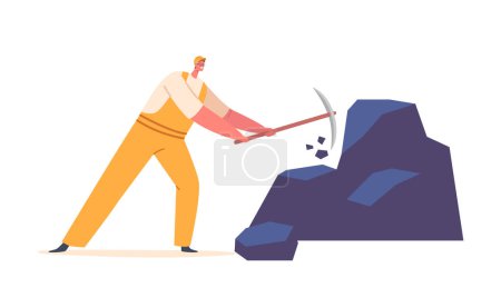 Illustration for Miner with Pickaxe Digging Soil Explore Fossil on Quarry Pit, Mineral Exploration, Coal Mining Industry Concept. Male Character Working Isolated on White Background. Cartoon People Vector Illustration - Royalty Free Image
