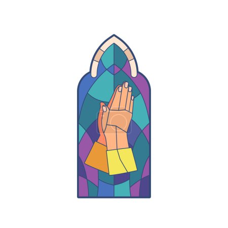 Téléchargez les illustrations : Fenêtre en verre teinté représente les mains de prière en mosaïque colorée, rayonnant une Aura de dévotion et de sérénité isolée sur fond blanc. Illustration vectorielle de bande dessinée - en licence libre de droit