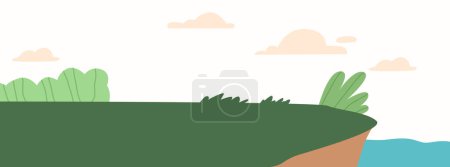 Illustration for Steep Cliff Dominates A Vast, Rugged Landscape With Rocky Formations, Lush Vegetation, And River or Sea, Evoking A Sense Of Adventure And Natural Beauty. Cartoon Vector Illustration - Royalty Free Image
