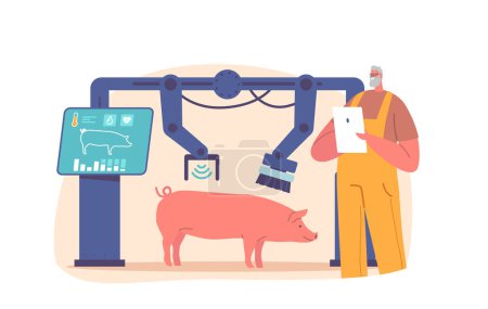 Illustration for Farmer Manage Pigs Washing Process At Smart Farm Using Robot Machine with Water Jets And Brushes. Automated Technology For Efficient And Hygienic Cleaning Of Pigs. Cartoon Vector Illustration - Royalty Free Image