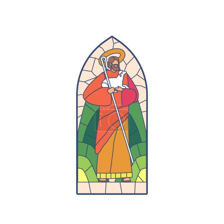 Illustration for Stained Glass Windows Featuring Jesus Holding Shepherd Staff and Lamb Showcasing Colorful Intricate Designs And Textures, Conveying Religious Symbolism And Emotional Depth. Cartoon Vector Illustration - Royalty Free Image