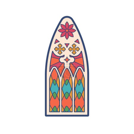 Illustration for Religious Themed Stained Glass Window In Church Enhance The Beauty And Significance Of The Churchs Interior. Colorful Decorative Arched Window with Catholic Crosses. Cartoon Vector Illustration - Royalty Free Image