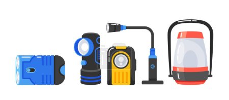 Illustration for Set of Flashlights Of Various Sizes And Colors. Lamps with Sturdy, Ergonomic Grip And Long-lasting Batteries, Making Them Reliable For Emergencies And Outdoor Activities. Cartoon Vector Illustration - Royalty Free Image