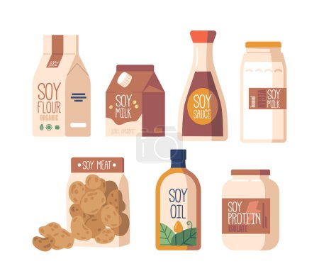 Illustration for Soybean Products In Various Packaging, Including Soy Milk, Meat, Oil, Sauce and Flour. Healthy And Versatile Option For Vegetarian And Vegan Diets. Cartoon Vector Illustration - Royalty Free Image
