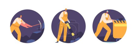 Illustration for Coal Mining, Extraction Industry Isolated Round Icons or Avatars. Miners Working on Quarry with Tools, Transport and Technics, Work Equipment and Transportation. Cartoon People Vector Illustration - Royalty Free Image