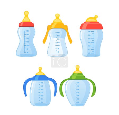 Illustration for Collection Of Colorful Baby Milk Bottles of Different Sizes and Shapes, Each Has A Nipple And Cap, And Is Designed For Easy Gripping And Feeding Newborns And Infants. Cartoon Vector Illustration - Royalty Free Image