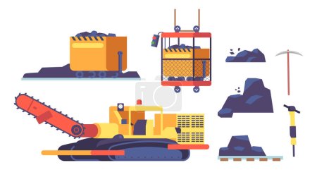 Ilustración de El conjunto de equipos de minería de carbón incluye transportador, excavadora, cargador, dragalina, palas, pico, martillo y taladros utilizados para extraer carbón de minas subterráneas. Ilustración de vectores de dibujos animados - Imagen libre de derechos