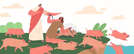 Téléchargez les illustrations : Jésus Christ a expulsé le démon de l'homme possédé dans un groupe de porcs, les poussant à se jeter dans la mer, se noyant dans l'eau. Illustration vectorielle des personnages de bande dessinée - en licence libre de droit