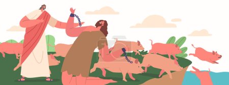 Illustration for Bible Narrative Jesus Casts Demons Into Pigs That Then Jump Off A Cliff And Drown In The Sea. Possessed Male Character with Broken Chains Getting Free from Demons. Cartoon People Vector Illustration - Royalty Free Image