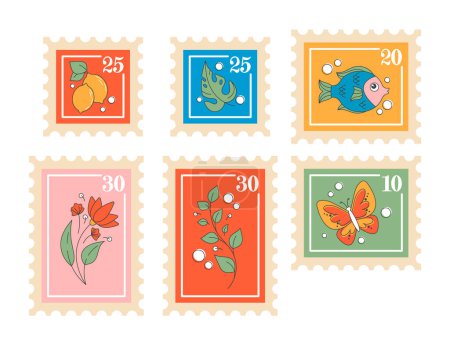 Illustration for Postal Stamps with Flowers, Lemon, Fish, Plant and Butterfly Designs Suitable For Collectors And Everyday Use. Perfect For Adding A Unique Touch To Mail And Correspondence. Cartoon Vector Illustration - Royalty Free Image