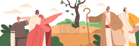 Illustration for Biblical Event Where Jesus Christ Character Curses Fig Tree, It Withers. Disciples Shocked By The Power Of His Words. Jesus Teaches On Faith And Forgiveness. Cartoon People Vector Illustration - Royalty Free Image