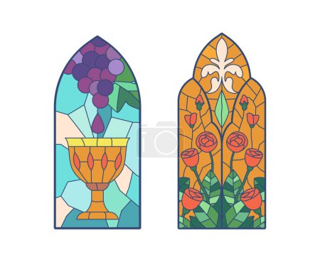 Illustration for Stained Glass Windows, Beautiful Decorative Features In Which Small Pieces Of Colored Glass Are Joined Together To Form Intricate Designs for Churches, And Castles. Cartoon Vector Illustration - Royalty Free Image