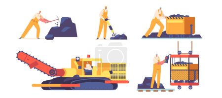 Illustration for Coal Mining Set. Miner Characters Working on Quarry with Tools, Transport and Technique. Extraction Industry Technics, Work Equipment and Transportation for Quarry. Cartoon People Vector Illustration - Royalty Free Image