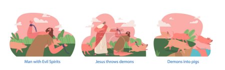 Illustration for Biblical Testament Scenes Jesus Christ Character Expelled Demon From Possessed Man Into A Group Of Swine, Causing Them To Stampede Into The Sea, Drowning In Water. Cartoon People Vector Illustration - Royalty Free Image
