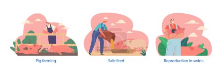 Illustration for Farmer Characters Tend To Pigs On A Farm. They Provide Feed, Water, Reproduction And Care. Workers Ensure That The Pigs Are Healthy, Clean, And Well-maintained. Cartoon People Vector Illustration - Royalty Free Image