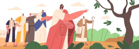 Jesus Cursed A Fig Tree, It Withered. He Taught His Disciples To Have Faith And Forgiveness Was Necessary. The Incident Is A Symbol Of Spiritual Fruitfulness And Hypocrisy. Cartoon Vector Illustration
