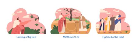 Illustration for Jesus Character Arrives At A Fig Tree But Finds No Fruit. He Curses The Tree, And It Withers. This Story Is Seen As A Symbolic Message About Spiritual Fruitfulness. Cartoon People Vector Illustration - Royalty Free Image