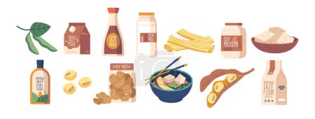 Illustration for Set of Soy Bean Products, Including Tofu, Soy Sauce, Soy Milk, Miso Paste or Soup, And Edamame Beans. Assorted Soy-based Food Tempeh, And Soybean Sprouts, Meat and Flour. Cartoon Vector Illustration - Royalty Free Image