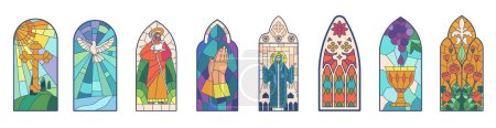 Vibrant Stained Windows Set Featuring Intricate Designs And Rich Colors, Casting Mesmerizing Patterns Of Religious Scenes. Masterpiece Of Glasswork, Evoking Awe And Wonder. Cartoon Vector Illustration