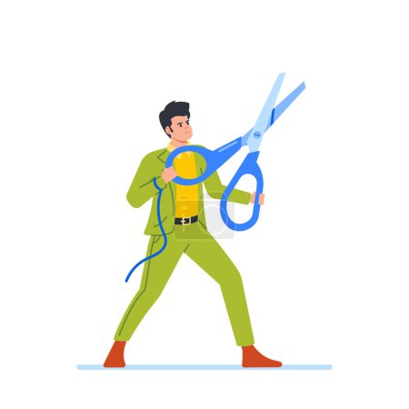 Illustration for Office Employee Male Character Cuts Rope On His Hands With Large Scissors. Concept of Self defense, Getting Free from Manipulation, Slavery Or Freeing Tied Up. Cartoon People Vector Illustration - Royalty Free Image