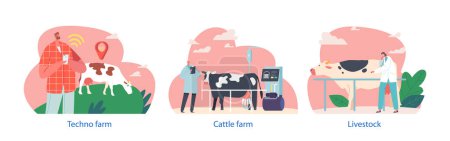 Ilustración de Granjeros Los personajes femeninos masculinos trabajan en la ganadería con vacas, comprueban la salud, usan la tecnología Gps para rastrear el pastoreo, ordeñarlos para garantizar la salud y la productividad en la granja. Ilustración de vectores de dibujos animados - Imagen libre de derechos