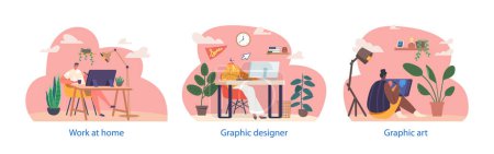 Illustration for Graphic Designers Work at Home Isolated Elements. Creative Male and Female Characters Working on Computers, Tablets and Laptops Create Web Graphic and Digital Arts. Cartoon Vector Illustration - Royalty Free Image