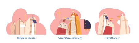 Illustration for Coronation Ceremony and Religious Services Isolated Elements. King Stand On Knees With A Crown Placed On His Head By A Bishop, As A Sign Of Submission To Gods Authority. Cartoon Vector Illustration - Royalty Free Image